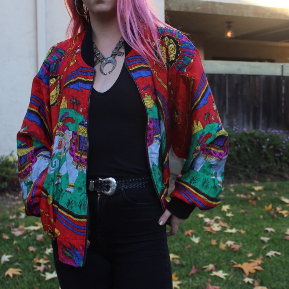 Circus Elephant Silk Colorful Print Windbreaker
